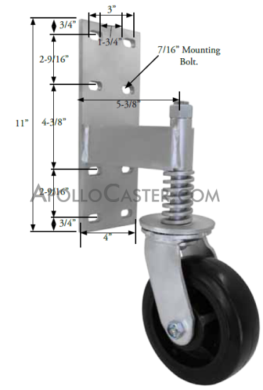 (image for) Spring Loaded Gate Swivel Caster; 8" x 2"; Phenolic; Bracket (11"x4"; 8 holes 1-3/4" (slotted to 3") x 9-1/2"; 7/16" bolt); Zinc; Roller Brng; 700# (Item #65442)