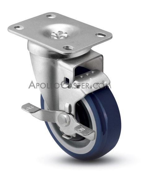 (image for) Caster; Swivel; 4" x 1-1/4"; PolyU on PolyO (Blue); Plate (2-5/8"x3-3/4"; holes: 1-3/4"x2-3/4" slotted to 3"; 5/16" bolt); Prec Ball Brng; 300#; Wheel Brake (Item #69929)