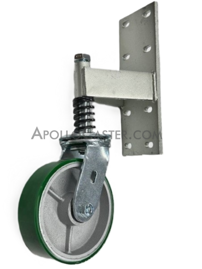 (image for) Spring Loaded Gate Swivel Caster; 6" x 2"; PolyU on Cast Iron; Bracket (11"x4"; 8 holes 1-3/4" (slotted to 3") x 9-1/2"; 7/16" bolt); Zinc; Roller Brng; 700# (Item #65909)