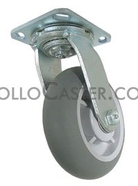 (image for) Caster; Swivel; 8" x 2"; ThermoPlastic Rubber Donut; Plate (4"x4-1/2"; holes: 2-5/8"x3-5/8" slots to 3"x3"; 3/8" bolt); Stainless Yoke and Roller Brng; 600# (Item #63496)