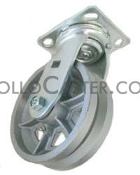 (image for) Caster; Swivel; 8 x 3; V-Groove Cast Iron; Top Plate; 5-1/4x7-1/4; holes: 3-3/8x5-1/4 (slotted to 4-1/8x6-1/8); 1/2 bolt; Zinc; Roller Brng; 2800# (Item #68770)