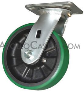 (image for) Caster; Swivel; 4" x 2"; PolyU on Nylon (Green); Top Plate (4"x4-1/2"; holes: 2-5/8"x3-5/8" slotted to 3"x3"; 3/8" bolt); Zinc; Roller Brng; 700# (Item #65519)