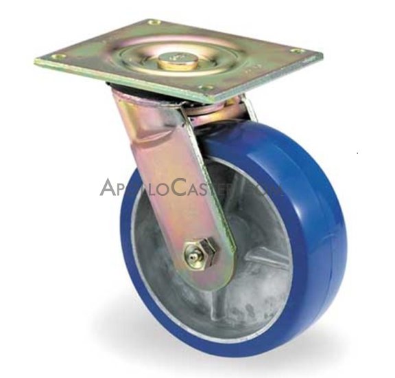 (image for) Caster; Swivel; 6" x 2"; PolyU on Alum; Top Plate; 4"x4-1/2"; holes: 2-5/8"x3-5/8" (slotted to 3"x3"); 3/8" bolt; Zinc; Precision Ball Brng; 900# (Item #69840)