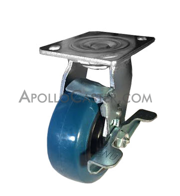 (image for) Caster; Swivel; 5"x1-1/2"; PolyU on PolyO (Blue); Plate (2-1/2"x3-5/8"; holes: 1-3/4"x2-7/8" slotted to 3"; 5/16" bolt); Zinc; Roller Brng; 400#; Wheel Brake (Item #64244)