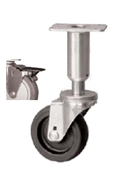 Leveling Caster; Swivel; 3"x1-1/4"; Polyolefin; Plate (3-1/2"x3-1/2": holes: 2-5/8x2-5/8; 5/16 bolt); 300# Load height: 7.7" - 9.3"; Pedal Brake (Item #66970)