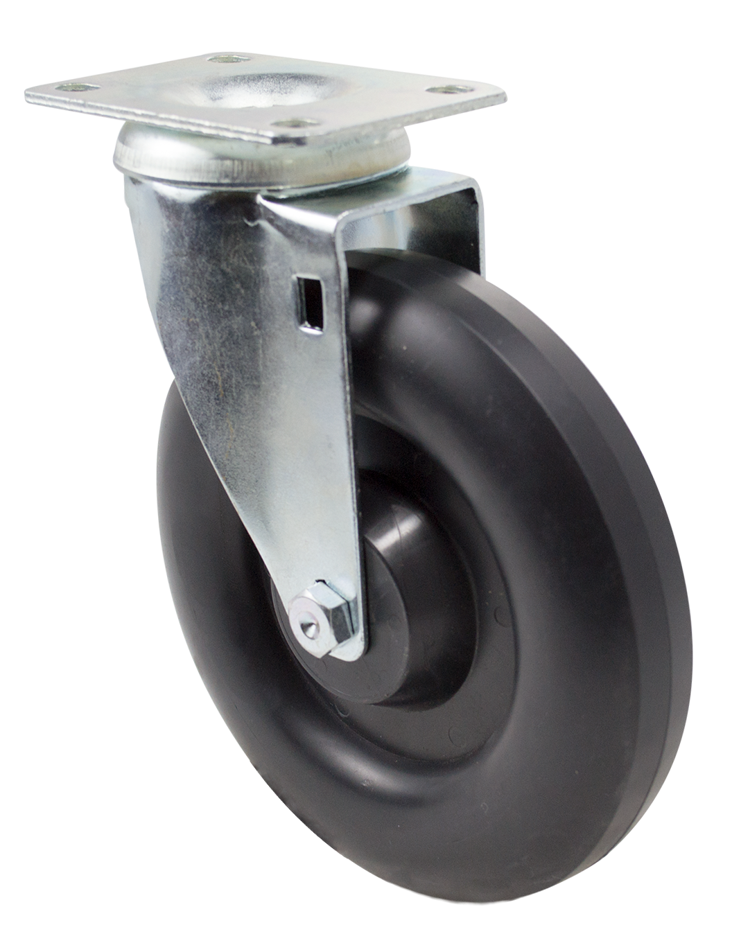 Caster; Swivel; 6" x 1-1/4"; Crowned Polyolefin; Plate (2-5/8"x3-3/4"; holes: 1-3/4"x2-3/4" slotted to 3"; 5/16" bolt); Zinc; Steel Spanner; 300#; Dustcap (Item #64638)