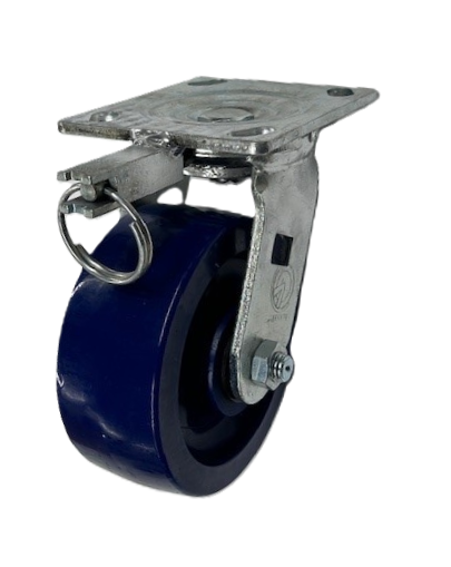 Caster; Swivel; 5" x 2"; Polyurethane (One piece solid); Plate (4"x4-1/2"; holes: 2-5/8"x3-5/8" slotted to 3"x3"; 3/8" bolt); Roller Brng; 900#; Position Lock (Item #68862)