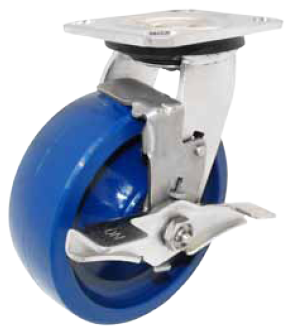 Caster; Swivel; 5" x 2"; Polyurethane (Solid); Plate (4"x4-1/2"; holes: 2-5/8"x3-5/8" slots to 3"x3"; 3/8" bolt); Stainless; Stainless Roller Brng; 800#; Brake (Item #65369)