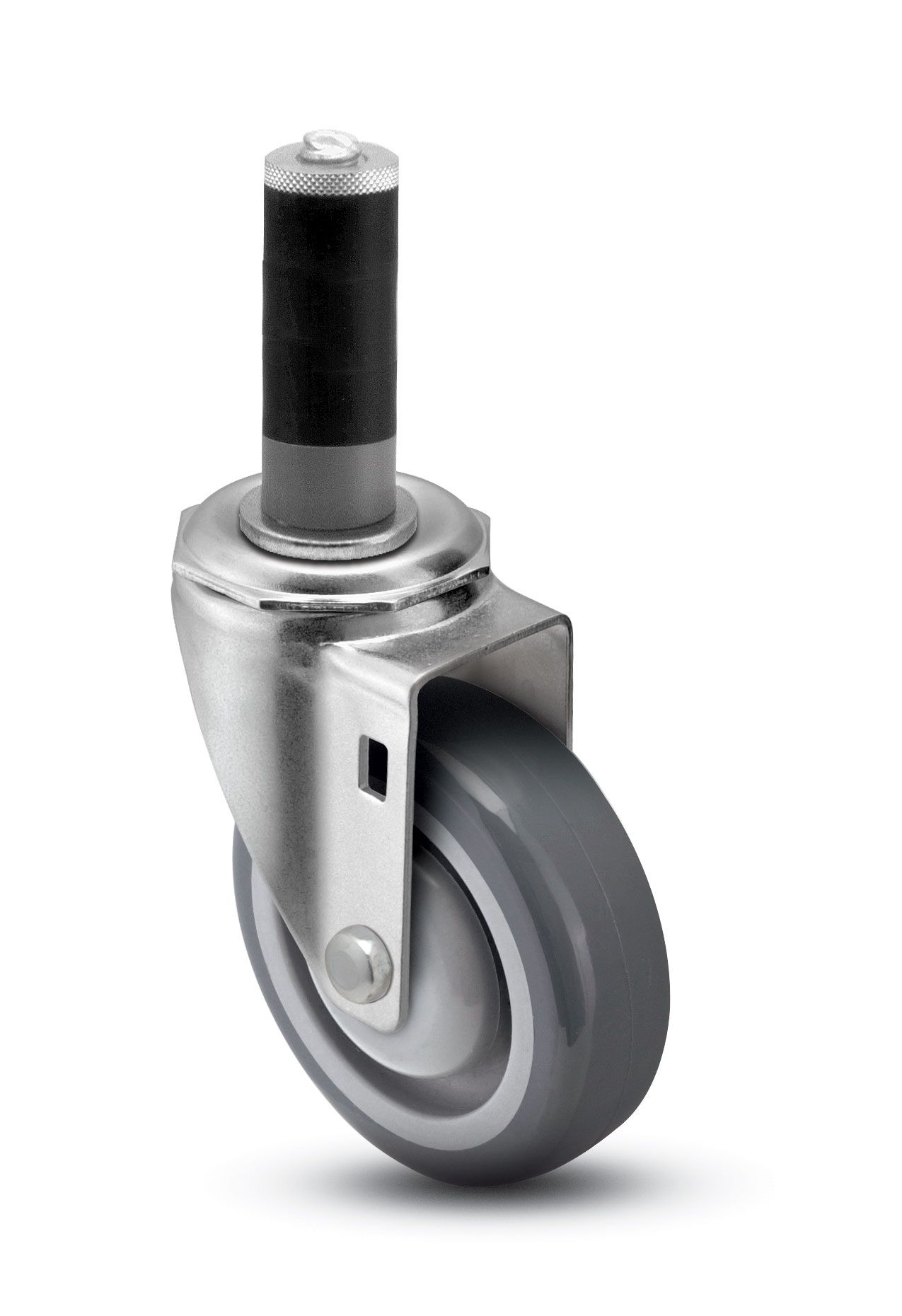 Caster; Swivel; 5" x 1-1/4"; PolyU on PolyO (Gray); Expandable Adapter (1-3/8" - 1-7/16" ID tubing); Zinc; Precision Ball Brng; 300#; Total Lock; Dust Cover (Item #65050)