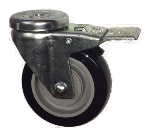Caster; Swivel; 3" x 1-1/4"; PolyU on PolyO (Gray); Hollow Kingpin (1/2" bolt hole); Zinc; Precision Ball Brng; 250#; Thread Guards; Dust Cover); Total Lock (Item #64336)