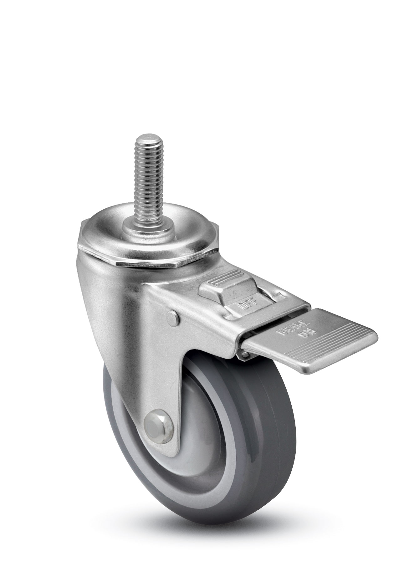Caster; Swivel; 3" x 1-1/4"; Thermoplastized Rubber (Gray); Threaded Stem (1/2"-13TPI x 1-1/2"); Precision Ball Bearings; 250#; Dust Cover (Mtl); Total Lock (Item #63244)