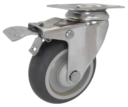 Caster; Swivel; 3 x 1-1/4; PolyU on PolyO (Gray); Plate (2-3/8x3-5/8; holes: 1-3/4x2-7/8 slotted to 3; 5/16 bolt); Stainless; Delrin Spanner; 250#; Total Lock (Item #66561)