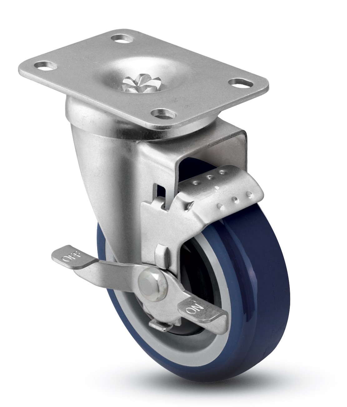 Caster; Swivel; 6"x1-1/2"; PolyU on PolyO (Blue); Top Plate (2-1/2x3-5/8; holes: 1-3/4x2-7/8 slotted to 3; 5/16 bolt); Zinc; Roller Brng; 400#; Brake (Item #67382)