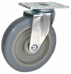 Caster; Swivel; 3" x 1-1/4"; PolyU on PolyO (Gray); Plate (2-5/8"x3-3/4"; holes: 1-3/4"x2-3/4" slotted to 3"; 5/16" bolt); Twin Ball Bearings; 250#; Dustcap (Item #64035)