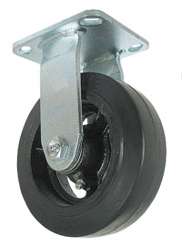 Caster; Rigid; 8" x 2-1/2"; Rubber on Cast Iron; Plate (4-1/2"x6-1/4"; holes: 2-7/16"x4-15/16" slotted to 3-3/8"x5-1/4"; 1/2" bolt); Zinc; Roller Brng; 850# (Item #68028)