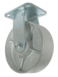 Caster; Rigid; 5" x 2"; Cast Iron; Plate (4-1/2"x6-1/4"; holes: 2-7/16"x4-15/16" slotted to 3-3/8"x5-1/4"; 1/2" bolt); Zinc; Roller Brng; 700# (Item #64049)