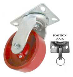 Caster; Swivel; 6 x 2-1/2; Steel (Ductile); Plate (4-1/2x6-1/4; holes: 2-7/16x4-15/16 slotted to 3-3/8x5-1/4; 1/2 bolt); Roller Brng; 2400#; 4-Position Lock (Item #66835)