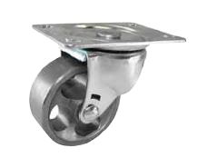 Caster; Swivel; 3" x 1-1/4"; Sintered Iron; Plate; 2-3/8"x3-5/8": holes: 1-3/4"x2-7/8" (slots to 3"); 3/8" bolt; 350#; High Temp; Brake; Vintage appearance. (Item #64143)