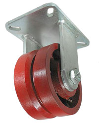 Caster; Rigid; 8" x 2-1/2"; V-Groove (7/8) Ductile Steel; Plate (4-1/2"x6-1/4"; holes: 2-7/16"x4-15/16" slotted to 3-3/8"x5-1/4"; 1/2" bolt); Roller Brg; 2400# (Item #65140)
