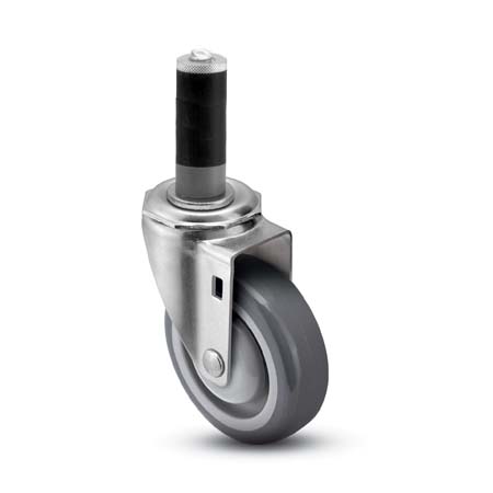 Caster; Swivel; 5" x 1-1/4"; TPR Rubber (Gray); Expandable Adapter (1.426" - 1.589" ID tubing); Zinc; 250#; Dust Cover (Mtl); Thread guards (Item #65272)