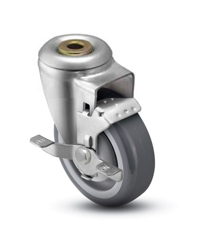 Caster; Swivel; 3" x 1-1/4"; Thermoplastized Rubber (Gray); Hollow Kingpin (1/2" bolt hole); Zinc; Precision Ball Brng; 210#; Dust Cover; Tread brake (Item #64533)
