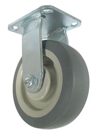 Caster; Rigid; 8" x 2"; Thermoplastized Rubber (Gray); Plate (4"x4-1/2"; holes: 2-5/8"x3-5/8" slotted to 3"x3"; 3/8" bolt); Zinc; Roller Brng; 600# (Item #67927)