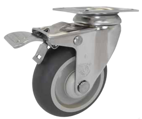 Caster; Swivel; 3-1/2" x 1-1/4"; Thermoplastized Rubber (Gray); Plate (2-1/2"x3-5/8"; holes: 1-3/4"x2-7/8" slots to 3"; 5/16" bolt); Stainless; 300#; Total Lock (Item #64385)