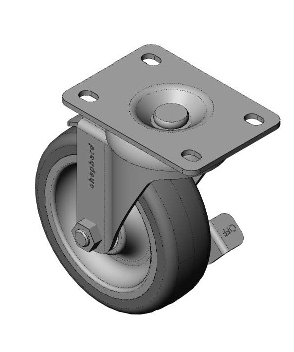 Caster; Swivel; 5" x 1-1/2"; Thermoplastized Rubber (Gray); Plate (4"x4-1/2"; holes: 2-5/8"x3-5/8" slots to 3"x3"; 3/8" bolt); Zinc; Roller Brng; 300#; Brake (Item #63260)