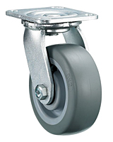 Caster; Swivel; 6" x 2"; PolyU on PolyO (Gray); Top Plate (4-1/2x6-1/4; holes: 2-7/16x4-15/16 slotted to 3-3/8x5-1/4; 1/2 bolt); Zinc; Roller Brng; 900# (Item #66589)