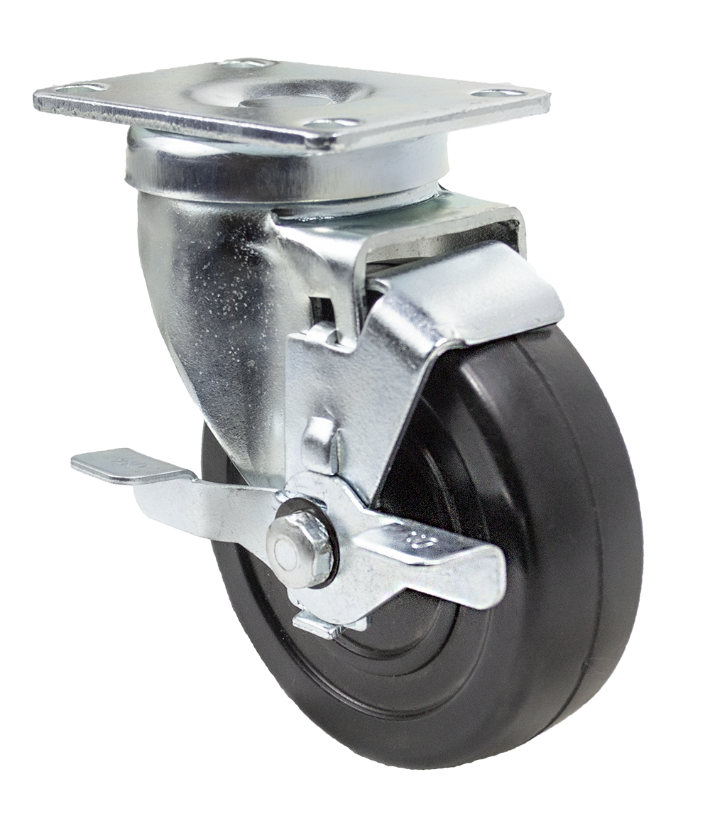 Caster; Swivel; 5" x 1-1/4"; Rubber (Soft); Top Plate (2-1/2"x3-5/8"; holes: 1-3/4"x2-7/8" slotted to 3"; 5/16" bolt); Zinc; Ball Brng; 200#; Tread Brake (Item #65723)