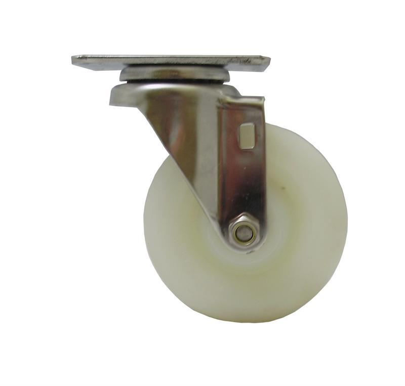 Caster; Swivel; 3" x 1-1/4"; Polyolefin (White); Top Plate (2-3/8"x3-5/8"; holes: 1-3/4"x2-7/8" slotted to 3"; 5/16" bolt); Zinc; Delrin Spanner; 200# (Item #65361)