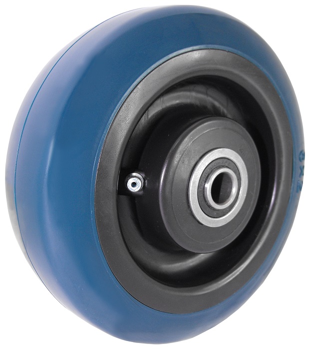 (image for) Caster; Swivel; 6"x2"; PolyU on PolyO (Blue); Plate; 4"x4-1/2"; holes: 2-5/8"x3-5/8" (slotted to 3"x3"); 3/8" bolt; Zinc; Roller Brng; 900#; Position Lock (Item #69336)
