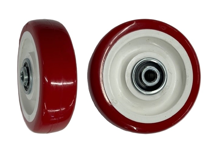 Wheel; 5" x 1-1/4"; PolyU on PolyO (Red/ White); Dual Ball Bearings; 350#; 3/8 Bore; 1-9/16 Hub Length (Item #87356)
