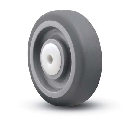 Wheel; 5"x1-1/4"; Crowned 45DThermoplastized Rubber (Gray); Delrin Bearing; 3/8" Bore; 1-1/2" Hub Length; 280# (Item #89205)