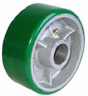 Wheel; 8" x 2-1/2"; PolyU on Cast Iron (Gr/Slvr); Roller Brng; 1" Bore; 2-3/4" Hub Length; 2000# (Item #88564)