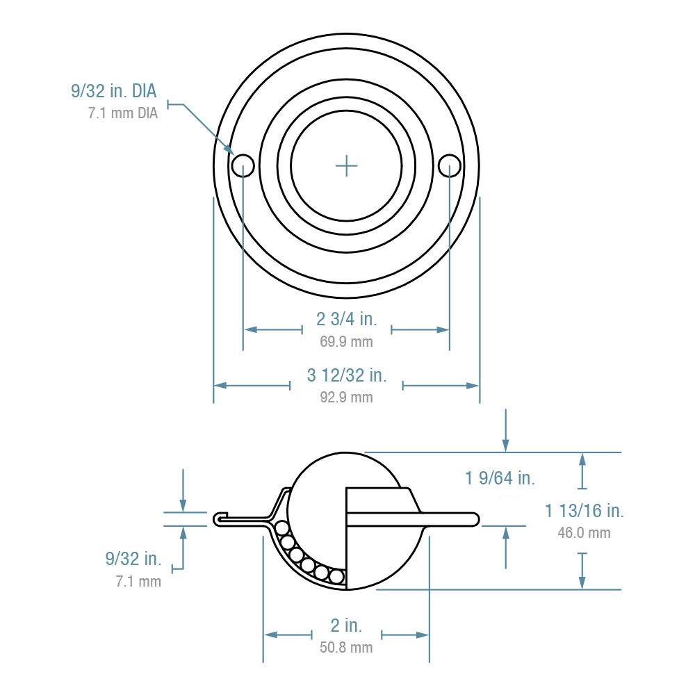 Ball Transfer; Low Profile; 1-1/2" Stainless Steel ball; Flange (3-11/16" diameter: two 1/4" holes: 2-3/4" apart); CarbonSteel flange; 200#; 1-1/8" profile (Item #88817)