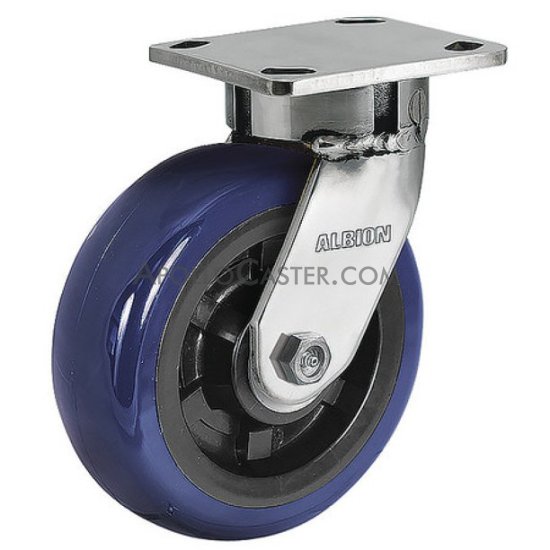 (image for) Caster; Swivel; 5" x 2"; Blue Thermo-Urethane; Plate (4"x4-1/2"; holes: 2-5/8"x3-5/8" slots to 3"x3"; 3/8" bolt); Dual Sealed Prec Ball Brng; 800#; Kingpinless (Item #63587)