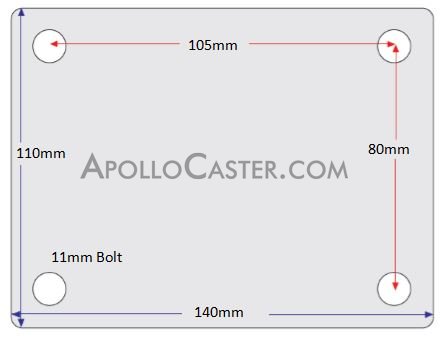 (image for) Caster; Swivel; 150mm x 40mm; PolyU (Orange) on Alum; Plate (110mmx140mm: holes: 80mmx105mm; 11mm bolt); Zinc; Precision Ball Brng; 1100# (Item #64425)