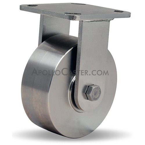 (image for) Caster; Rigid; 4" x 2"; Stainless Steel Yoke, Solid SS Steel and Prec Ball Bearings; Plate (4"x4-1/2"; holes: 2-5/8"x3-5/8" slots to 3"x3"; 3/8" bolt); 1250# (Item #63226)
