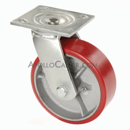 (image for) Caster; Swivel; 6" x 2"; PolyU on Cast Iron; Plate; 4"x4-1/2"; holes: 2-5/8"x3-5/8" (slotted to 3"x3"); 3/8" bolt; Roller Brng; 1200# (Usu red or green tread). (Item #68146)
