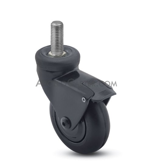 (image for) Caster; Swivel; 3" x 15/16"; Rubber (Soft; non-marking); Threaded Stem (1/2"-13TPI x 1-1/2"); Black; Precision Ball Brng; 110#; Pedal brake; Thread guards (Item #65476) - Click Image to Close