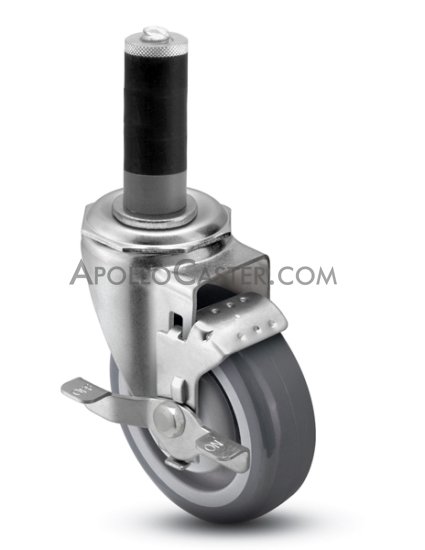 (image for) Caster; Swivel; 5" x 1-1/4"; PolyU on PolyO (Gray); Expandable Adapter (1-1/2" - 1-9/16" ID tubing); Zinc; Precision Ball Brng; 300#; Dust Cover; Brake (Item #63800)
