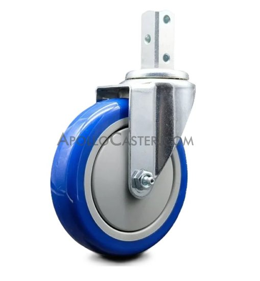 (image for) Caster; Swivel; 5" x 1-1/4"; PolyU on PolyO (Blue); Square Stem (7/8" x 2"; one 5/16" mounting hole at 1"); Zinc; Ball Brng; 300#; Dust Cover (Mtl) (Item #65614)