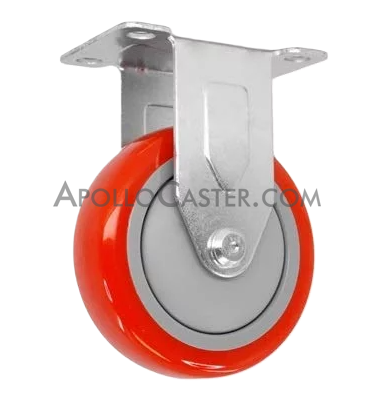 (image for) Caster; Rigid; 4" x 1-1/4"; PolyU on PolyO (Red); Plate (2-1/2"x3-5/8"; holes: 1-3/4"x2-7/8" slots to 3"; 5/16" bolt); Stainless Yoke/ Axle; Prec BB; 300# (Item #63229)