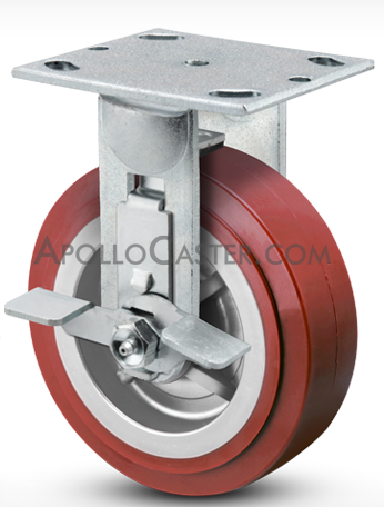 (image for) Caster; Rigid; 5" x 2"; PolyU on PolyO (Usu Red or Blue); Plate; 4"x4-1/2"; holes: 2-5/8"x3-5/8" (slots to 3"x3"); 3/8" bolt; Zinc; Roller Brng; 750#; Brake (Item #63515)