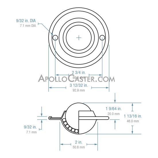 (image for) Ball Transfer; Low Profile; 1-1/2" Nylon ball; Flange (3-11/16" diameter: two 1/4" holes: 2-3/4" apart); Steel housing; 200#; 1-1/8" inch profile (Item #88818) - Click Image to Close