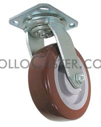 (image for) Caster; Swivel; 4" x 2"; UV Resistant PolyU on PolyO (Maroon); Plate; 4"x4-1/2"; holes: 2-5/8"x3-5/8" (slotted to 3"x3"); 3/8" bolt; Zinc; Roller Brng; 600# (Item #64909)