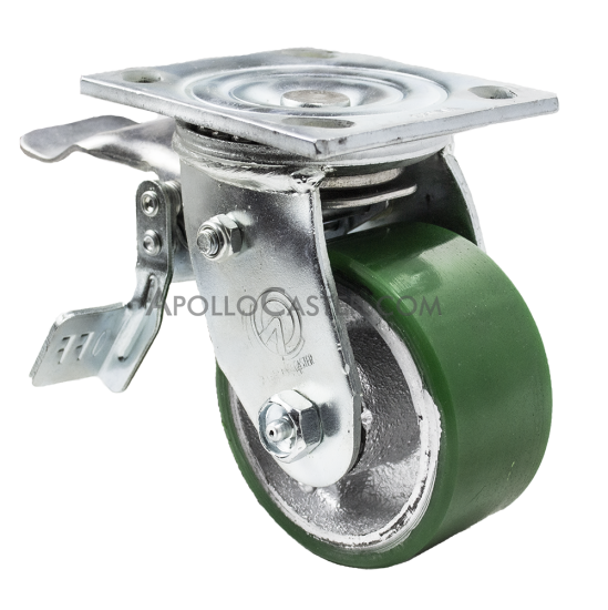 (image for) Caster; Swivel; 4" x 2"; PolyU on Cast; Plate (4"x4-1/2"; holes: 2-5/8"x3-5/8" slotted to 3"x3"; 3/8" bolt); Roller Brng; 800#; Total Lock (Leading) (Item #66035)