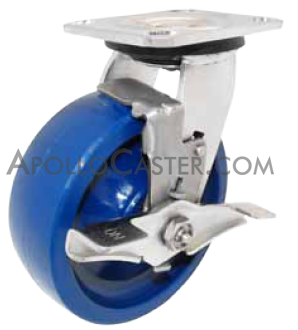 (image for) Caster; Swivel; 6" x 2"; 55D Solid Polyurethane; Plate (4"x4-1/2"; holes: 2-5/8"x3-5/8" slots to 3"x3"; 3/8" bolt); Stainless; Roller Brng; 900#; Wheel Brake (Item #63608)