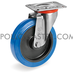 (image for) Caster; Swivel; 5" x 1-1/2"; Elastic Rubber Wheel (Blue); Plate (85mm x 100mm: holes: 60mmx80mm; 9mm bolt); Galv Steel Yoke; Ball Brng; 440# (Item #64366)